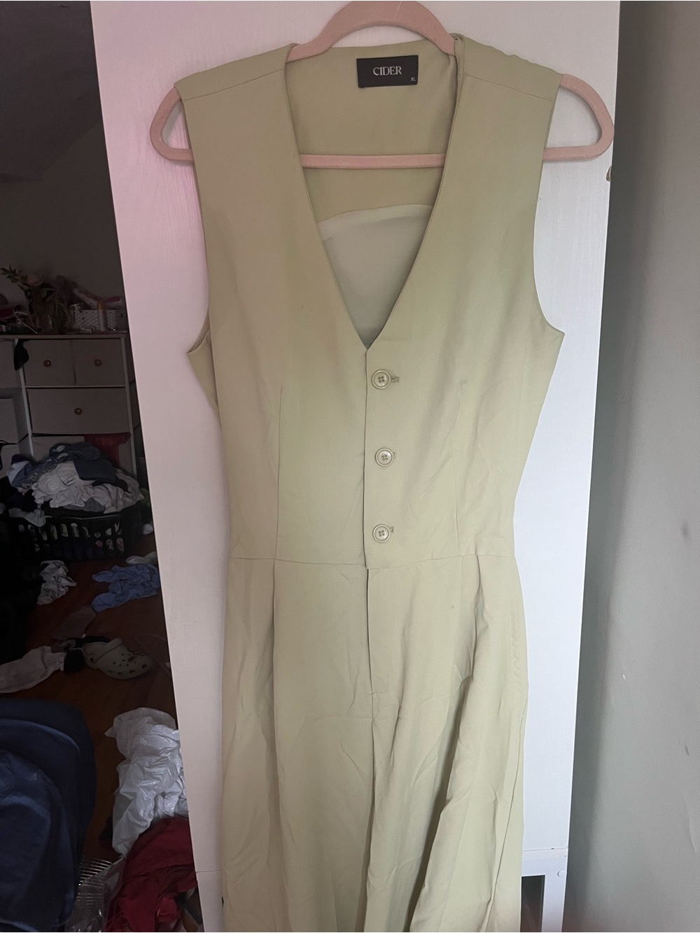 Cider Sleeveless V-Neck light Green Button-Front jumpsuit